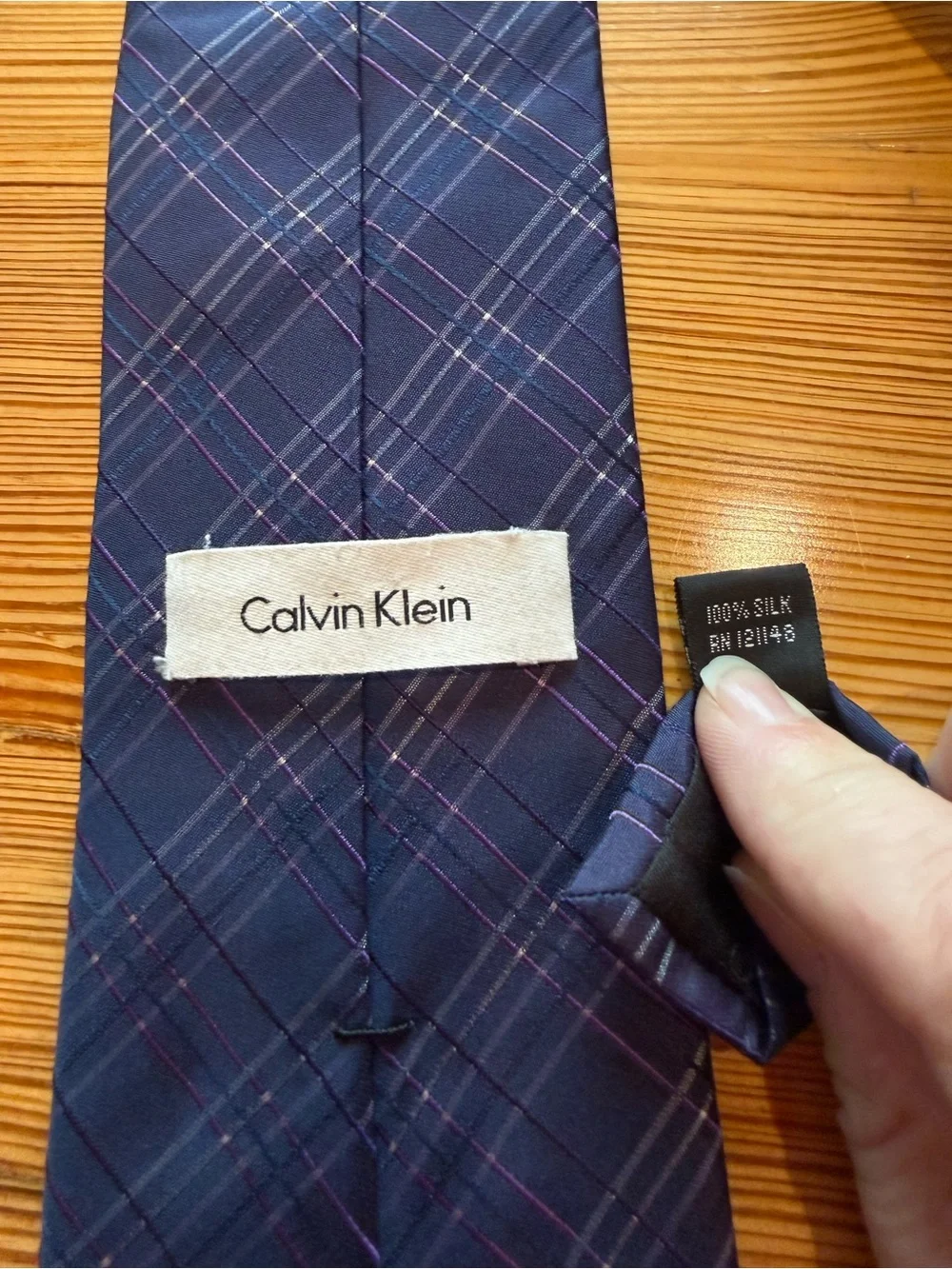 Calvin Klein Men’s 100% Silk Tie Deep Purple Plaid Extra Long 61”